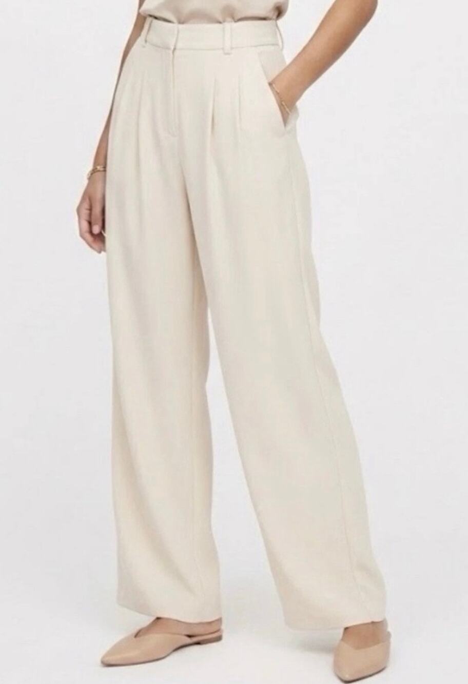 French Connection | Cream Pleated Wide Leg Trousers XL Work Career